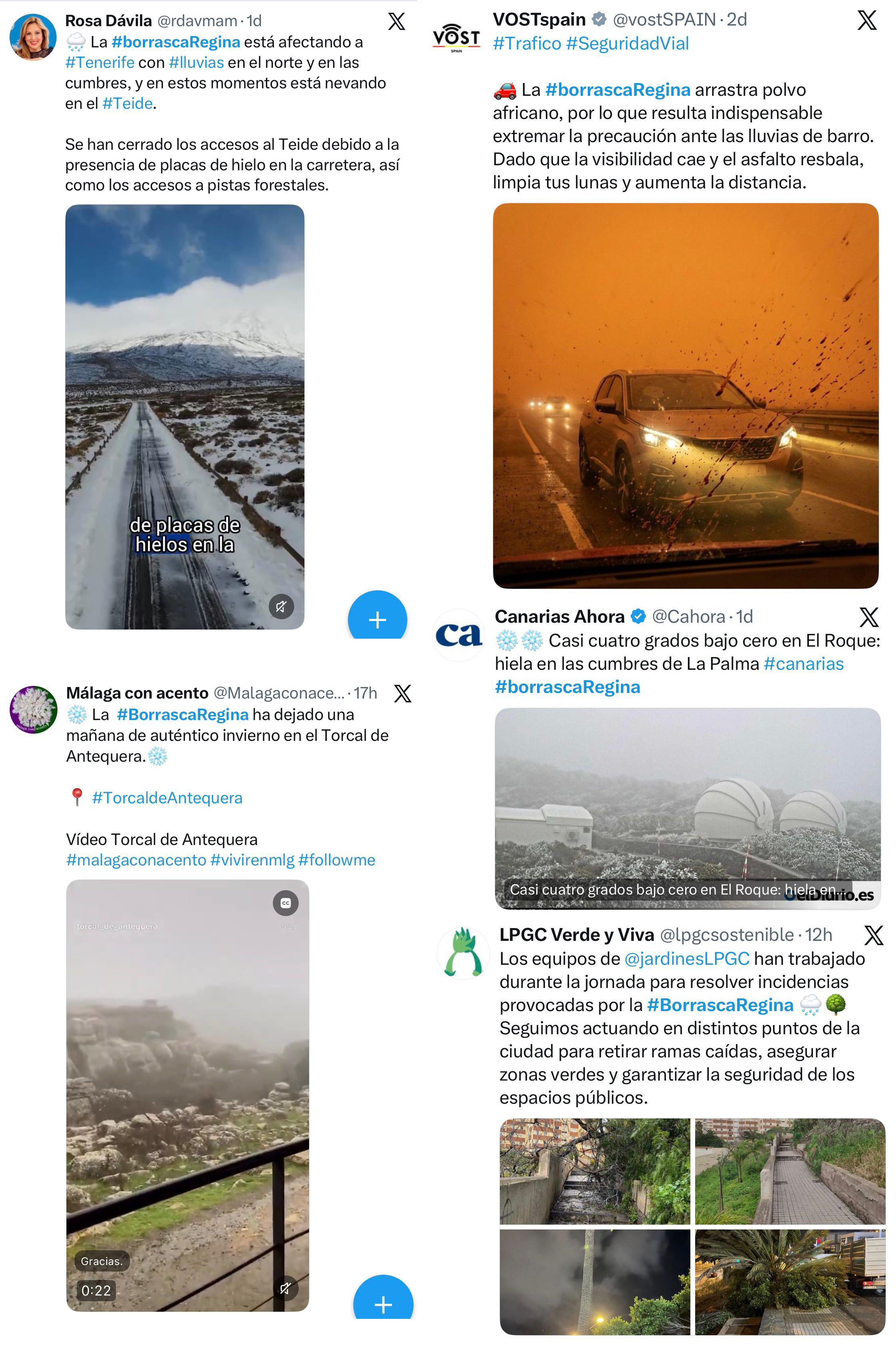 Reportes publicados en X relativos a algunos de los impactos ocasionados por la borrasca Regina.