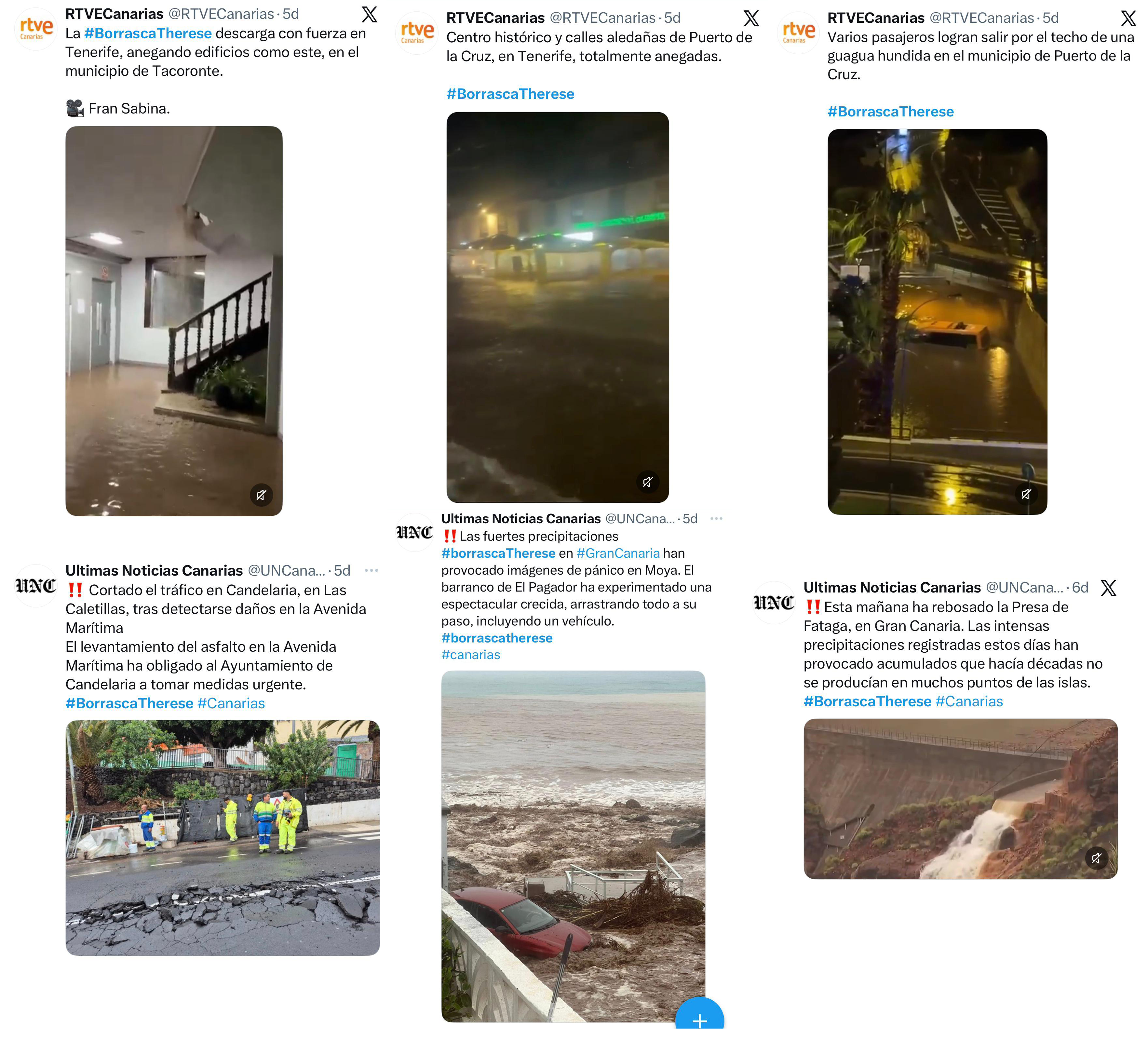 Reportes publicados en X relativos a algunos de los impactos ocasionados por la borrasca Therese.
