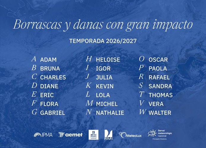 Nombres de las borrascas y danas con gran impacto de la temporada 2026-2027