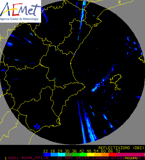 Secuencia del PPI más bajos del radar de Valencia desde las 23:00 (hora UTC) del día 13, a las 01:30 (hora UTC) del día 14