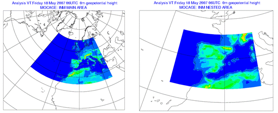 Fig. 1 - Dominio Continental de 0,5º (izquierda) y dominio Regional de 0,1º (derecha) utilizados en la configuración del modelo MOCAGE en AEMET