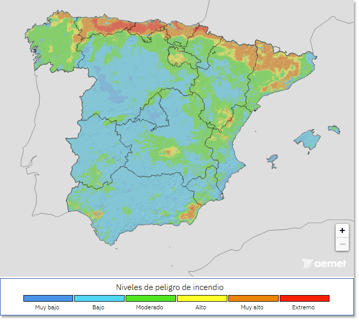 Ejemplo de mapa de nivel de peligro de incendios forestales