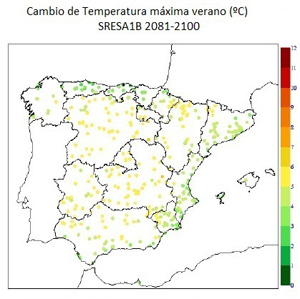 Cambio en la temperatura máxima en verano