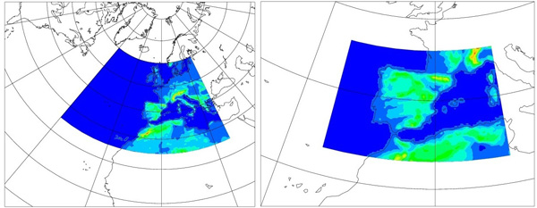 Dominios regionales euroatlántico y peninsular de la configuración de MOCAGE utilizada en AEMET para la predicción de la composición química de la atmósfera
