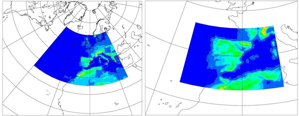 Dominios regionales euroatlántico y peninsular de la configuración de MOCAGE utilizada en AEMET para la predicción de la composición química de la atmósfera