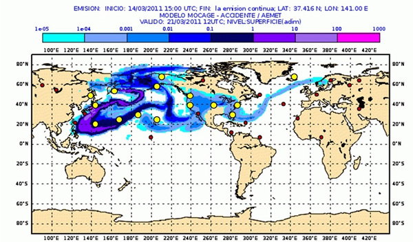 Simulación de MOCAGE de la dispersión de la nube radioactiva producida por la central nuclear de Fukushima