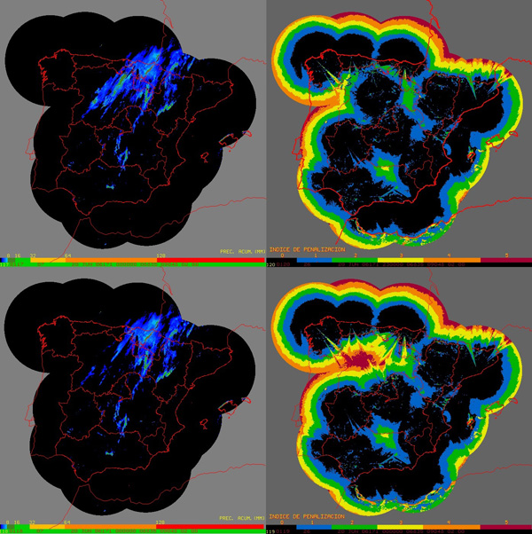 Estimación radar de la precipitación acumulada a nivel nacional (izquierda) y producto asociado referente a su calidad (derecha). Arriba: con cobertura de todos los radares de la red. Abajo: en caso de fallo del radar de Palencia