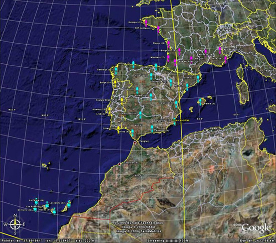 Mapa con la distribución de los detectores de los rayos recibidos en AEMET de las redes española (azul), portuguesa (amarillo) y francesa (rosa)