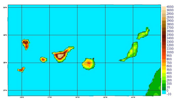 Orografía del modelo HARMONIE sobre las islas Canarias a 2,5km de resolución horizontal