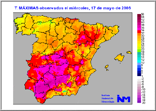 Temperaturas máximas observadas el miércoles 17 de mayo de 2006