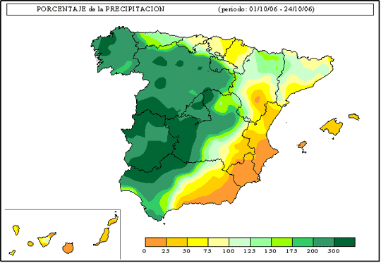 Mapa de España en el que se muestra el porcentaje de la precipitación caída entre el 01.10.2006 y el 24.10.2006 con respecto a su valor normal