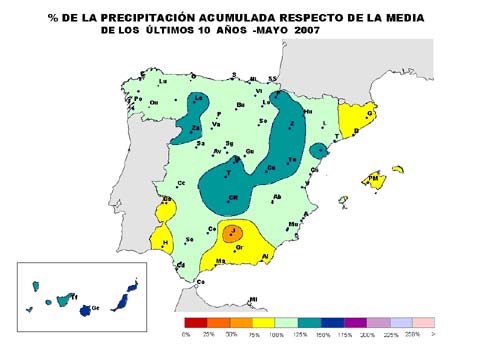 % de la precipitación acumulada respecto de la media de los últimos 10 años - Mayo 2007