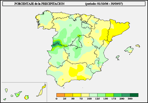 Porcentaje de precipitación sobre lo normal (período 01/10/06 - 30/09/07)