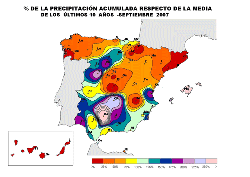 % de la precipitación acumulada respecto de la media de los últimos 10 años - septiembre 2007