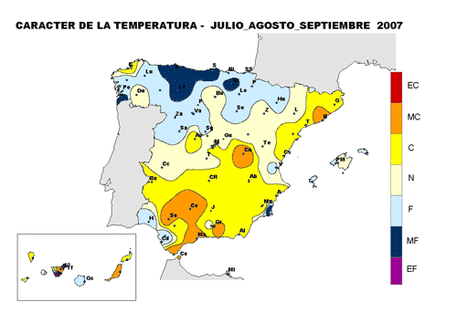 Carácter de la temperatura - Julio, agosto y septiembre de 2007