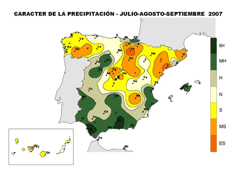 Carácter de la precipitación - Julio, agosto y septiembre de 2007