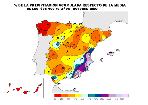 % de la precipitación acumulada respecto de la media de los últimos 10 años - octubre 2007