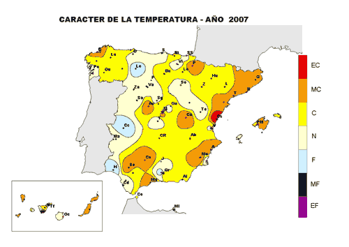 Carácter temperatura año 2007 (Fuente: AEMET, Ministerio de Medio Ambiente)