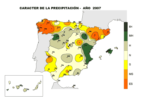 Carácter precipitación año 2007 (Fuente: AEMET, Ministerio de Medio Ambiente)