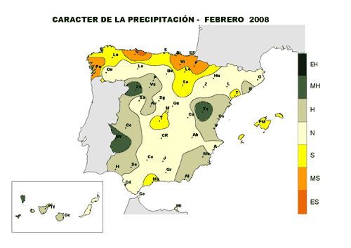 Carácter precipitación febrero. 2008 (Fuente: AEMET, Ministerio de Medio Ambiente)