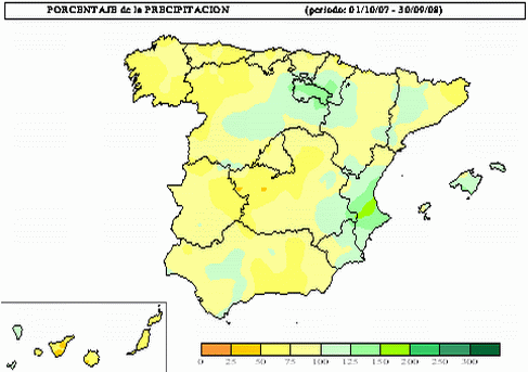 Mapa de la precipitación acumulada desde el inicio del año hidrológico expresada en porcentaje de su valor medio. 