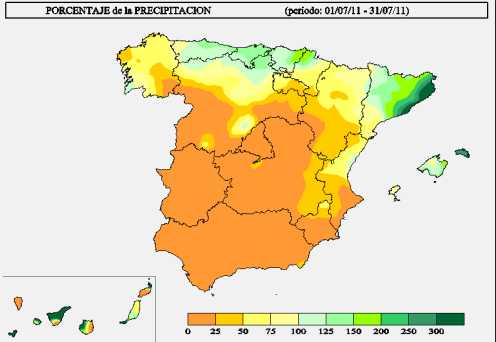 Porcentaje de precipitación acumulada mes de julio 2011 sobre su valor medio