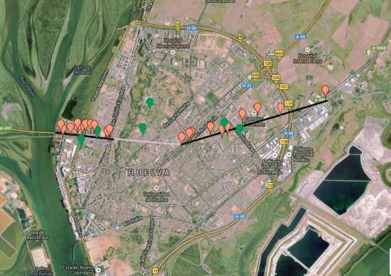 Trayectoria seguida por el tornado sobre la ciudad de Huelva