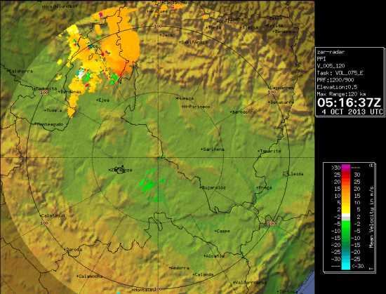 Imagen de viento radial del radar de Zaragoza del día 4 de octubre de 2013 a las 05:16 UTC