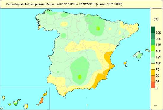 Porcentaje de precipitación sobre el valor normal año 2013