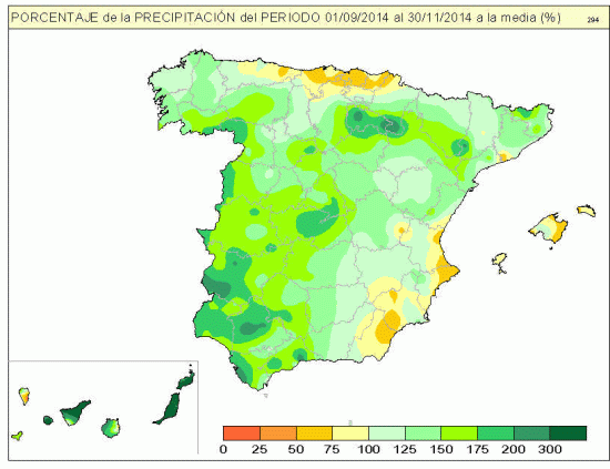 Porcentaje de precipitación periodo 1/9 al 30/11/2014