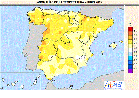 Anomalia de la temperatura en junio 2015