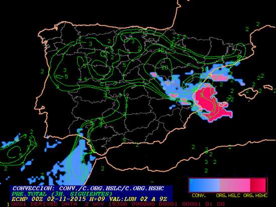 Salida del parámetro tipo de convección (validez para el día 2 de noviembre de 2015 a 9 UTC)