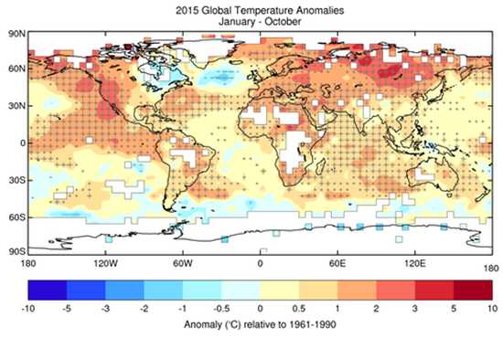 Figura 2: Anomalías de la temperatura media para el período de enero a octubre de 2014 según el conjunto de datos HadCRUT.4.4.0.0. Las cruces (+) indican temperaturas superiores al percentil 90º, excepcionalmente elevadas, y las rayas (-) indican temperaturas inferiores al percentil 10º, lo que indica condiciones excepcionalmente frías. Las cruces y rayas grandes indican temperaturas fuera del rango de los percentiles 2º a 98º. Fuente: Centro Hadley del Servicio Meteorológico de Reino Unido.