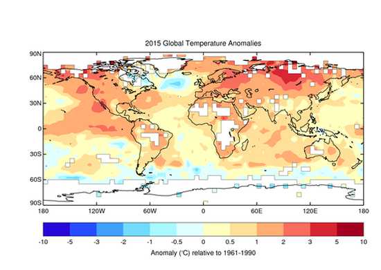 Anomalías de la temperatura anual (respecto del período 1961-1990) obtenidas a partir del conjunto de datos del HadCRUT4. Fuente: Centro Hadley del Servicio Meteorológico de Reino Unido. Esas anomalías se indican en una cuadrícula si se dispone de al menos un mes de datos para tres trimestres (EFM, AMJ, JAS, OND) como mínimo.