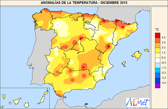 Anomalías de la temperatura diciembre 2015