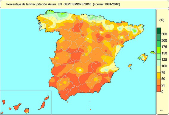 Porcentaje de la Precipitación acumulada en Septiembre 2016 (normal 1981-2010)