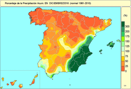 Porcentaje de precipitación acumulada de diciembre 2016