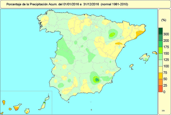 Porcentaje de la precipitación acumulada en el año 2016 sobre el valor normal.