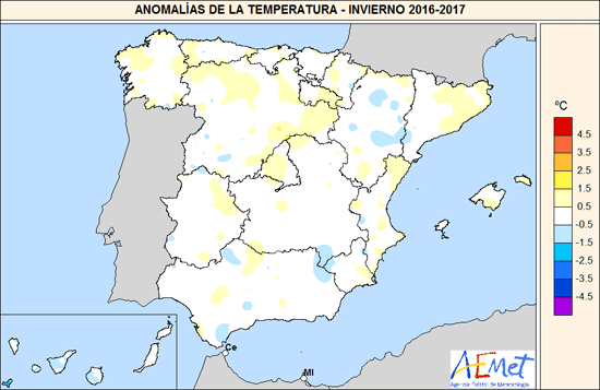 Anomalías de la temperatura en el invierno 2016-2017