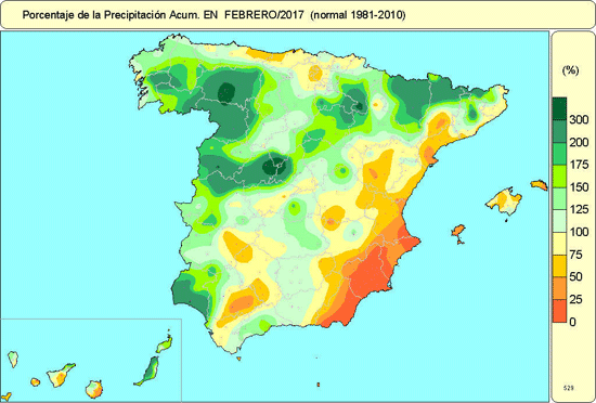 Porcentaje de la precipitación acumulada. Febrero 2017. (Normal 1981-2010)