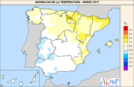 Anomalías de la temperatura. Marzo 2017