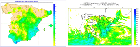 Precipitación recogida entre las 7 h del día 4 y las 7 h del día 5 (izquierda) y previsión según el modelo HARMONIE-AROME (derecha). Se observa como el modelo, además de mostrar una visión general muy aproximada, refleja correctamente los eventos de lluvias extremas, como el máximo entre Cádiz y Málaga.