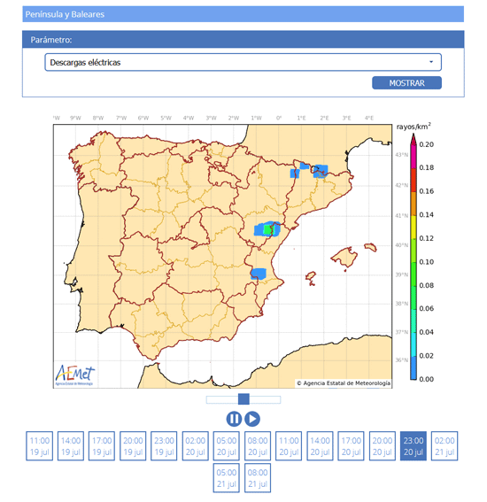 Mapa de descargas eléctricas de hoy 19 de julio