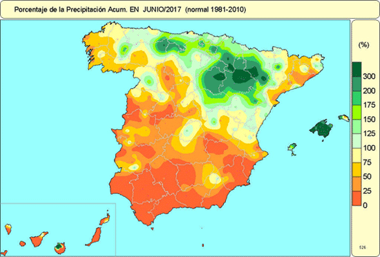 Porcentaje de precipitación acumulada en junio de 2017 (normal 1981-2010)