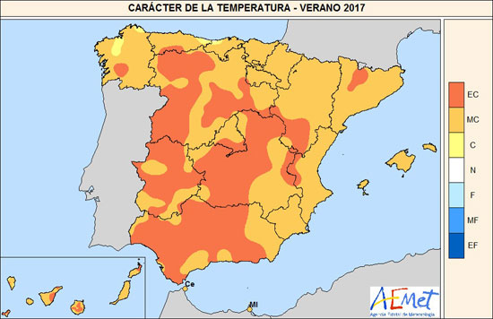 Carácter de las temperaturas en el trimestre junio-julio-agosto de 2017