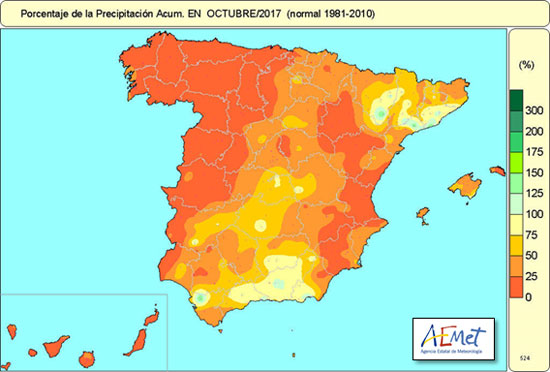 porcentaje de la precipitación acumulada con respecto a la media en octubre de 2017