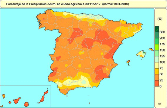 Porcentaje de la Precipitación acumulada en el Año Agrícola a 30/11/2017 (normal 1981-2010)