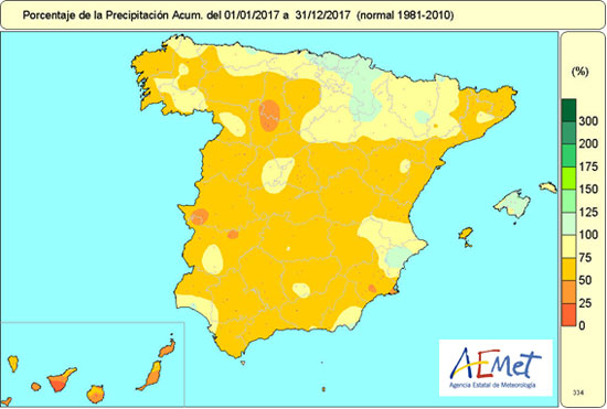 Porcentaje de la precipitación acumulada en 2017 respecto al valor normal