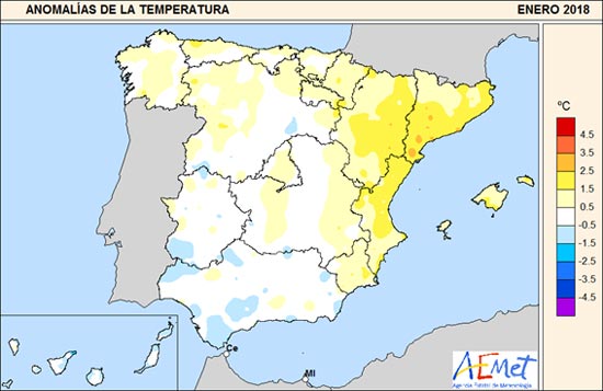 Mapa de anomalías de temperatura en enero 2018