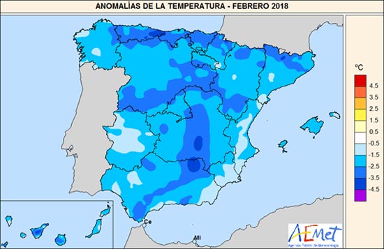 Anomalías de la temperatura - febrero 2018